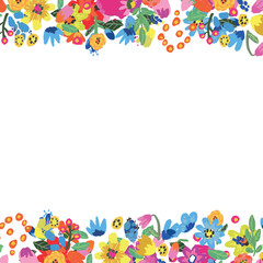 Bright summer flowers arrange in border on white background.