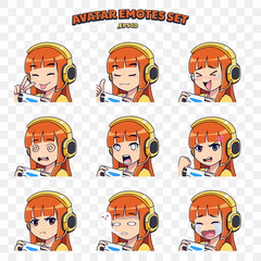 Gamer girl mascot emotion set of cute cartoon girl with headphone smiling, happy, sad, shocked, angry, and crying for gaming