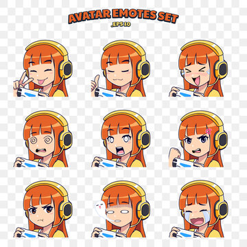 Gamer Girl Mascot Emotion Set Of Cute Cartoon Girl With Headphone Smiling, Happy, Sad, Shocked, Angry, And Crying For Gaming