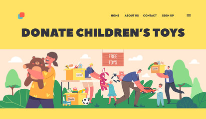 Obraz na płótnie Canvas Donate Children Toys Landing Page Template. Young Volunteers Giving Toys to Orphan Kids from Donation Box