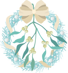 ヤドリギとリボンを飾ったクリスマスリースのイラスト