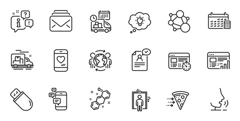 Outline set of Integrity, Communication and Global business line icons for web application. Talk, information, delivery truck outline icon. Include Web report, Delivery, Usb stick icons. Vector