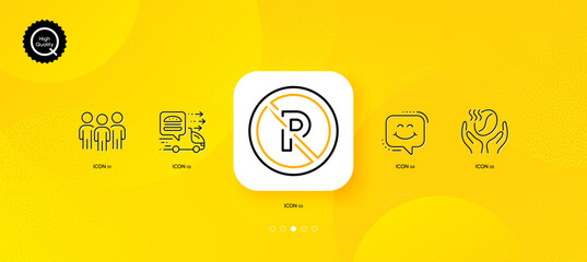 No parking, Food delivery and Smile chat minimal line icons. Yellow abstract background. Coffee, Group icons. For web, application, printing. Car park, Delivery truck, Happy face. Roasted bean. Vector - obrazy, fototapety, plakaty