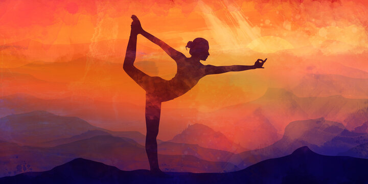 woman yoga practice silhouette poster with painted sun rise landscape