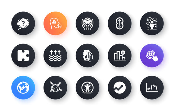 Minimal set of Recovered person, Audit and Cogwheel settings flat icons for web development. Analysis app, Puzzle, Difficult stress icons. Cough, World vaccination, Swipe up web elements. Vector