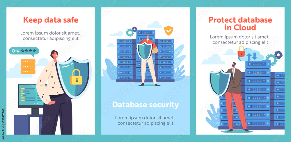 Poster database security cartoon banners. people holding shields protect server or hard disks. secured serv