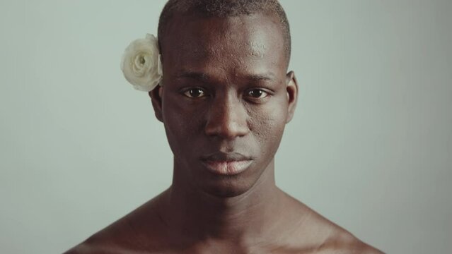 Minimalistic studio portrait of handsome young adult Black man with rose behind his ear raising his head looking at camera