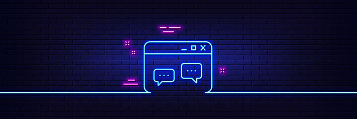 Neon light glow effect. Browser Window line icon. Chat speech bubbles sign. Internet page symbol. 3d line neon glow icon. Brick wall banner. Browser Window outline. Vector