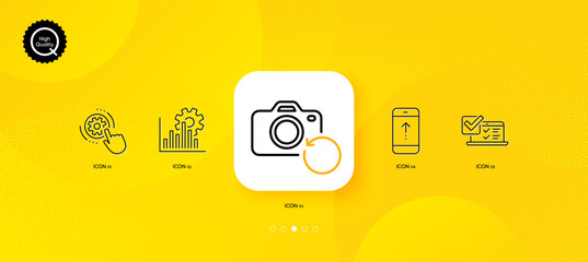 Fototapeta na wymiar Cogwheel settings, Recovery photo and Online survey minimal line icons. Yellow abstract background. Seo graph, Swipe up icons. For web, application, printing. Vector