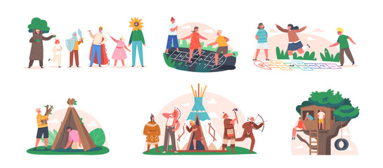 Set Outdoors Children Games and Fun. Kids Characters Playing Hopscotch, Indians, Sitting on Tree House, Fairy Tale