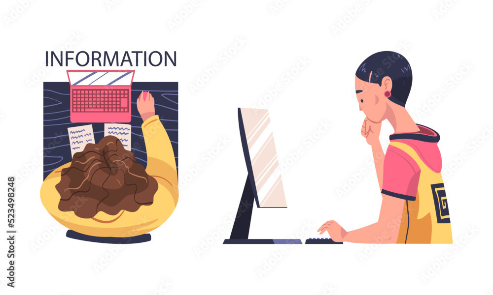 Aufkleber people using laptopcomputers for communicating and searching for information cartoon vector illustra