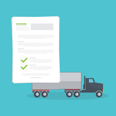 Truck insurance document, report. Transport or custom document. Paper agreement checklist or loan checkmarks form list approved with truck icon, vehicle financial, truck dealership legal deal.