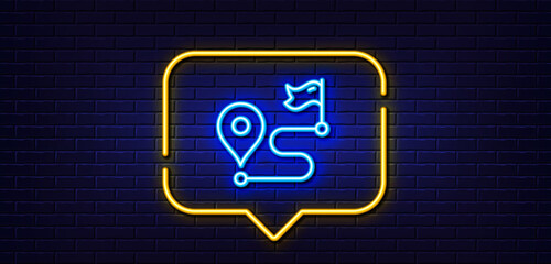 Neon light speech bubble. Journey line icon. Road path sign. Route map distance symbol. Neon light background. Journey glow line. Brick wall banner. Vector
