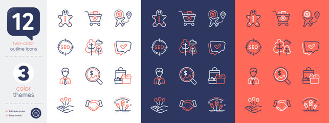Set of Flight sale, Seo and Gingerbread man line icons. Include Shopping, Currency audit, Approved icons. Consolidation, Fireworks rocket, Tree web elements. Remove purchase, Businessman. Vector