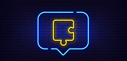 Neon light speech bubble. Puzzle piece line icon. Jigsaw game shape sign. Business strategy element. Neon light background. Puzzle glow line. Brick wall banner. Vector
