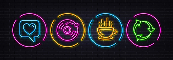 Vinyl record, Heart and Coffee cup minimal line icons. Neon laser 3d lights. Recycle icons. For web, application, printing. Retro music, Like rating, Hot drink. Recycling waste. Vector