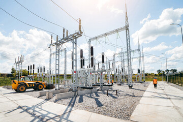 Modern new power station. The equipment used to raise or lower voltage, high voltage power station....