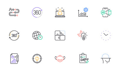 Journey path, Augmented reality and Full rotation line icons for website, printing. Collection of Face scanning, Report document, Coronavirus statistics icons. Medical mask, 360 degrees. Vector