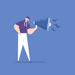 digital marketing, public relations, media promotion. a businessman uses a megaphone to attract followers, customers, clients and audiences. business marketing techniques. flat cartoon illustration