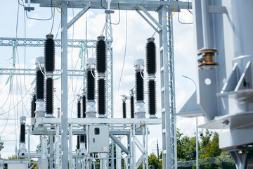High voltage switchgear and equipment of power plant. View  of electric power transmission lines.