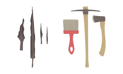 Archaeological tools and finds set. Brush, pickaxe, shovel and ancient spear tips cartoon vector illustration