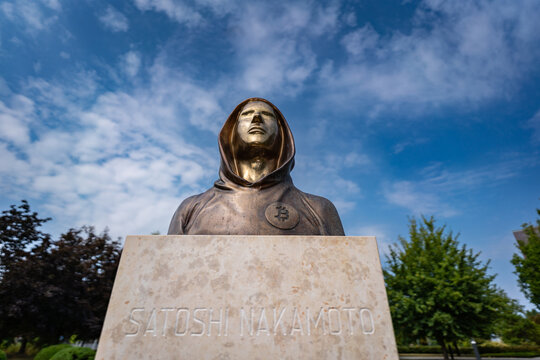 Portrait Of The Statue Of Satoshi Nakamoto Mysterious Founder Of Bitcoin