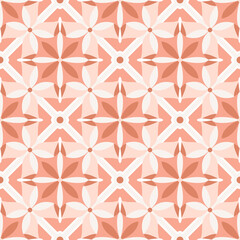 Ceramic geometric tiles seamless pattern with abstract floral elements. Kitchen pottery design, Italian floor, Moroccan artwork. Background in pink, terra cotta colors. Vector decorative illustration