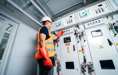 Adult electrician builder engineer testing and screwing equipment in fuse box and repairing of...