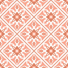 Ceramic tile pattern. Patchwork ornaments, Moroccan, Portuguese tiles, Azulejo in pink colors. Majolica design, decorative background, vector illustration with Mexican motifs. Talavera border, floor.