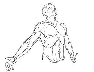 Man with spread hands showing pose of freedom like feeling that he can fly, vector linear illustration, emotional concept of feel free and happy.