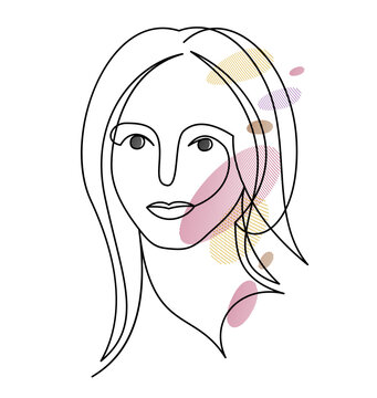 recommend clip art: Beautiful face of attractive woman vector linear drawing, sensitive emotional line art adult girl portrait, feminine abstract face line art.