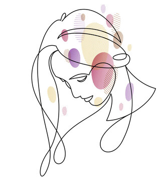 recommend clip art: Beautiful face of attractive woman vector linear drawing, sensitive emotional line art adult girl portrait, feminine abstract face line art.