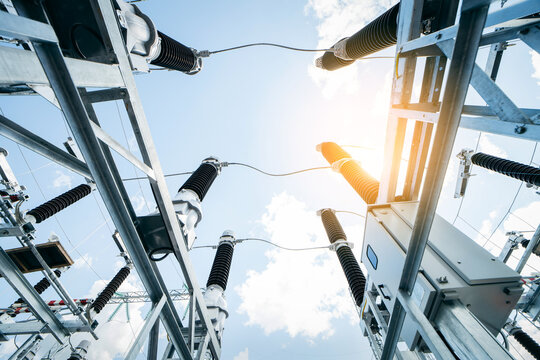 Modern new power station. The equipment used to raise or lower voltage, high voltage power station. Electrical Transformer