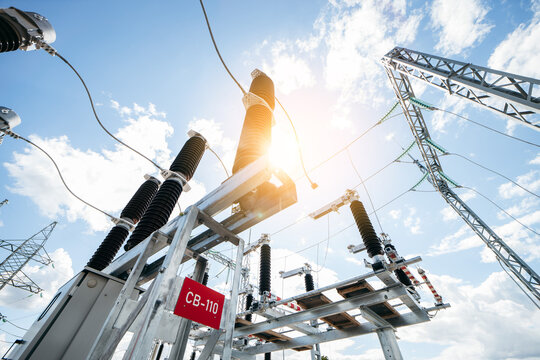 Modern new power station. The equipment used to raise or lower voltage, high voltage power station. Electrical Transformer