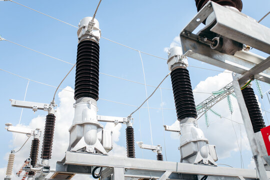Modern new power station. The equipment used to raise or lower voltage, high voltage power station. Electrical Transformer
