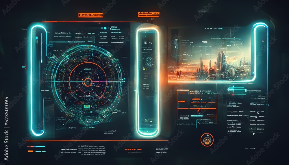Fototapete advanced graphical futuristic user interface with sight, data and digital holographic city buildings