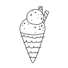 Cute ice cream cone isolated on white background. Sweet food. Vector hand-drawn illustration in doodle style. Perfect for various designs, cards, decorations, logo, menu.