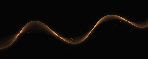 Gold glitter abstract waves on a black background. Glittering old dust trail. Abstract motion. Magic lines. Shiny color gold wave design element.