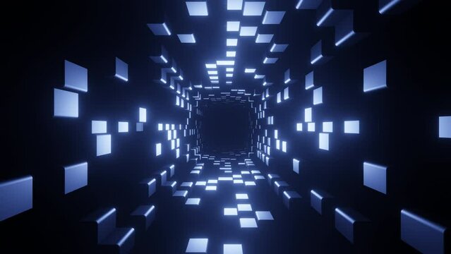 Dark tunnel with shiny silver square cubic walls 3d render