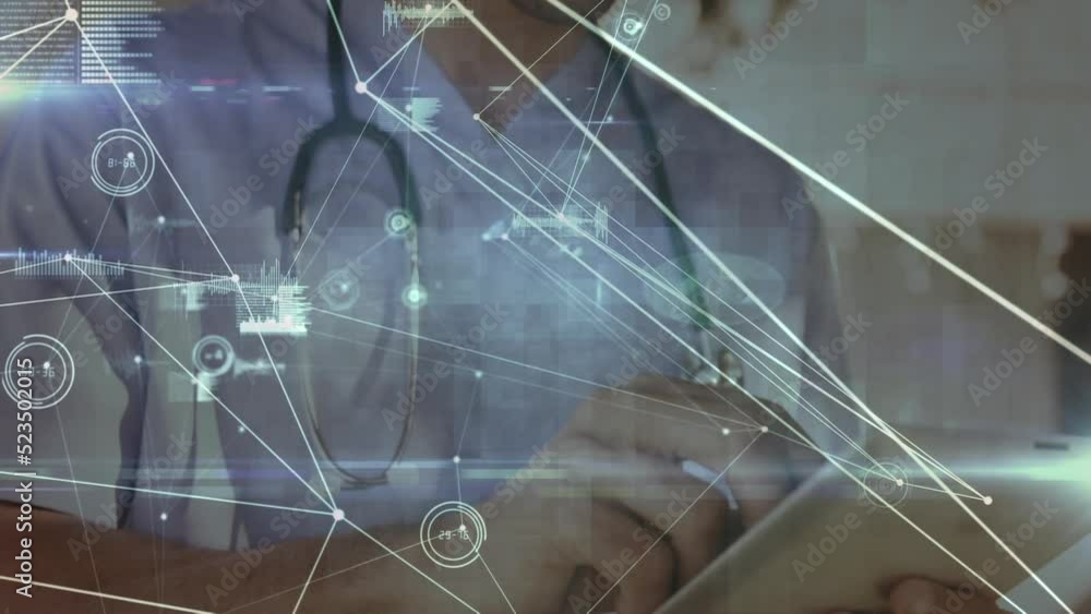 Poster dots connecting with lines, sound waves and computer language over caucasian doctor using tablet
