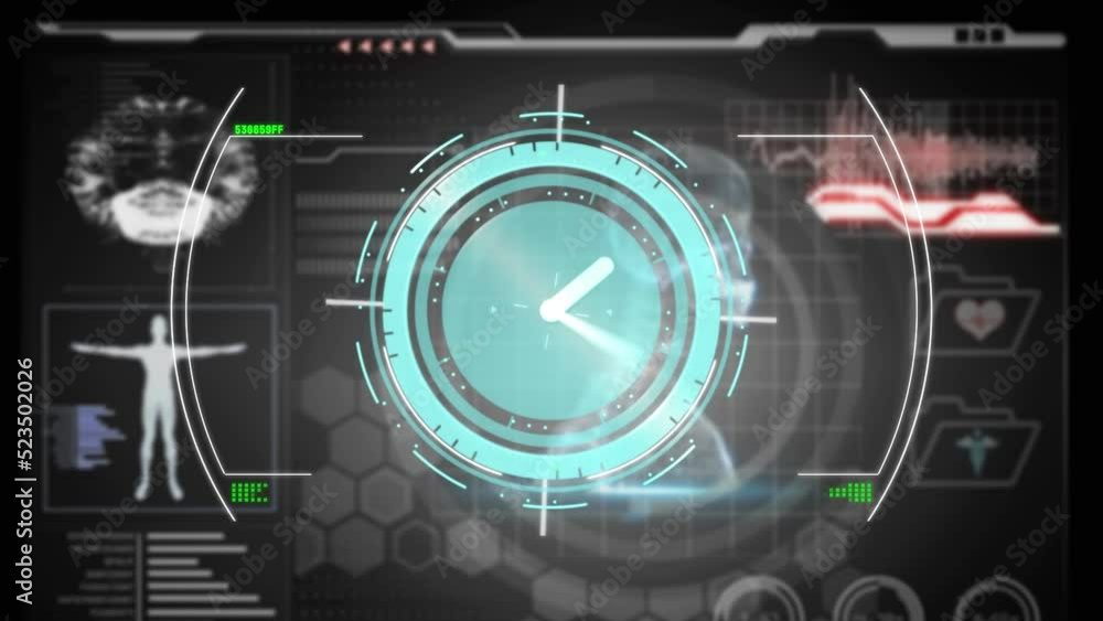 Aufkleber animation of clock, hud processing over data with body analysis on digital interface