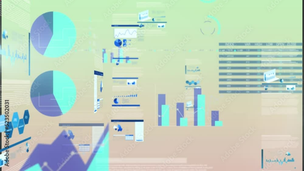 Poster animation of red rectangles forming circle against data, graphs, charts on digital interface