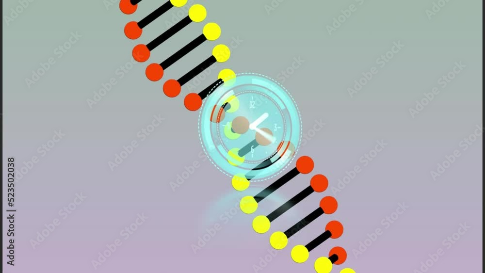 Poster animation of clock running against dna structure with circle on gray digital interface