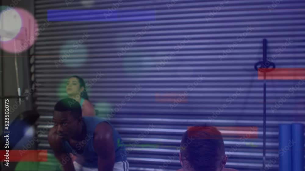 Poster animation of multicolored lens flares with lines over multiracial men exercising with kettlebells
