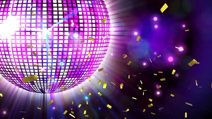 Animation of confetti against purple shiny disco ball spinning with light beams - Powered by Adobe