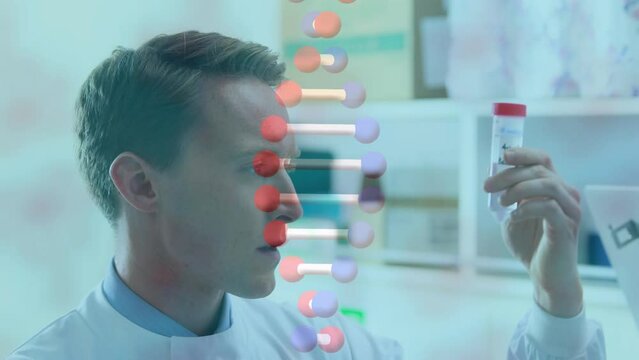 Animation of dna rotating against caucasian doctor checking sample in laboratory