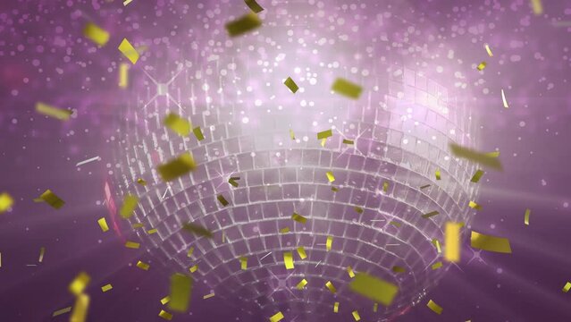 Animation of confetti against purple mirror shiny disco ball spinning with light beams