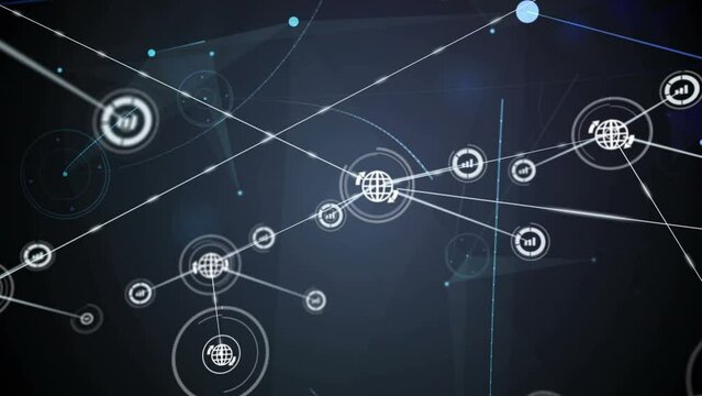 Animation of globe icons connecting dots, hud processing on digital interface with light beam