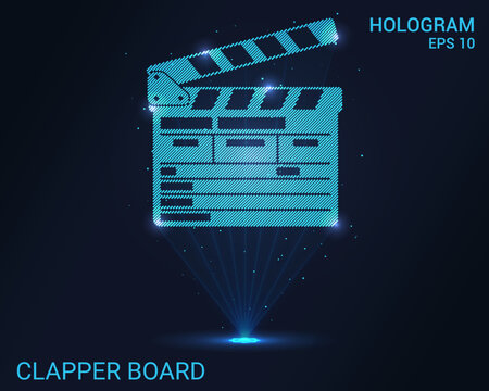 A hologram of a clapper board. Holographic projection of a clapper board. A shimmering stream of particle energy. Scientific cinema design.