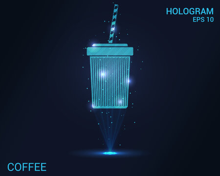 A hologram of coffee. Holographic projection of a cup of coffee. A shimmering stream of particle energy. Scientific cafe design.